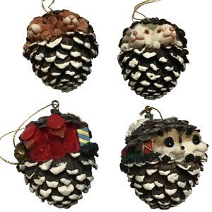 Woodland Pinecone Ornaments Cute Forest Creatures Christmas Set of 4 in Orig Box